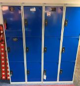 Four 3 section personal lockers c/w keys 1800mm (H) 380mm (D) 380mm (W)