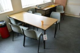 Loose contents of snack room including two light oak effect tables, nine plastic chairs, Beko