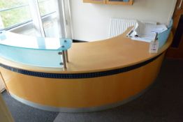 Light oak effect curved reception desk with glass shelving/screen, approx. 2500mm length