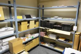 Three bays of steel stores racking and 4-drawer filing cabinet