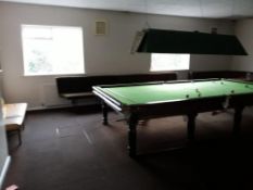 Slate bed snooker table with scoreboard balls and rests. Please note: A risk assessment and method