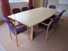 Beech meeting table, 8 purple tweed stand chairs and an armchair