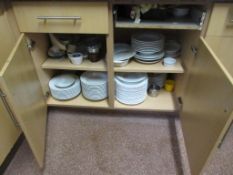 Toaster, towel dispenser, quantity of pots, pans, utensils and a quantity of crockery and cutlery