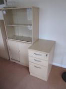 Beech cupboard with glazed door bookcase to upper section and a beech 3-drawer desk high pedestal