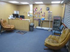The remaining contents of Pro Shop to include pigeon hole storage unit, 2 easy chairs, side table,