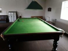 Slate bed snooker table with scoreboard balls and rests. Please note: A risk assessment and method