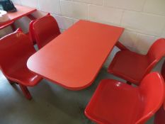 Three 4 seat red canteen table and chairs