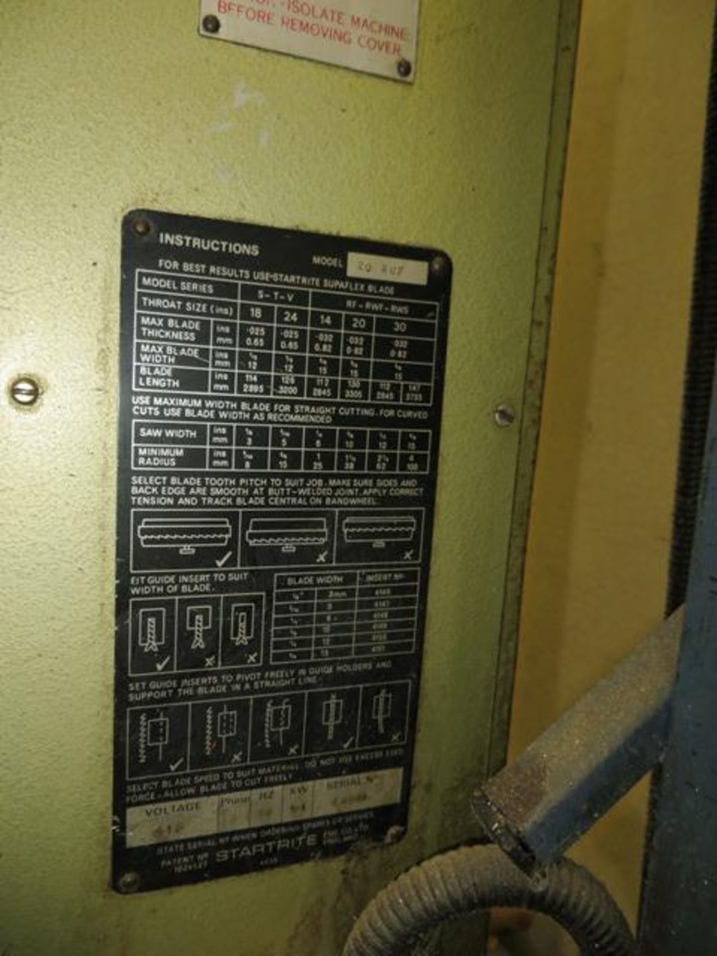 Startrite 20RWF vertical bandsaw Serial no. 46005 (hardwired 3 phase). *A work Method Statement and - Image 3 of 6