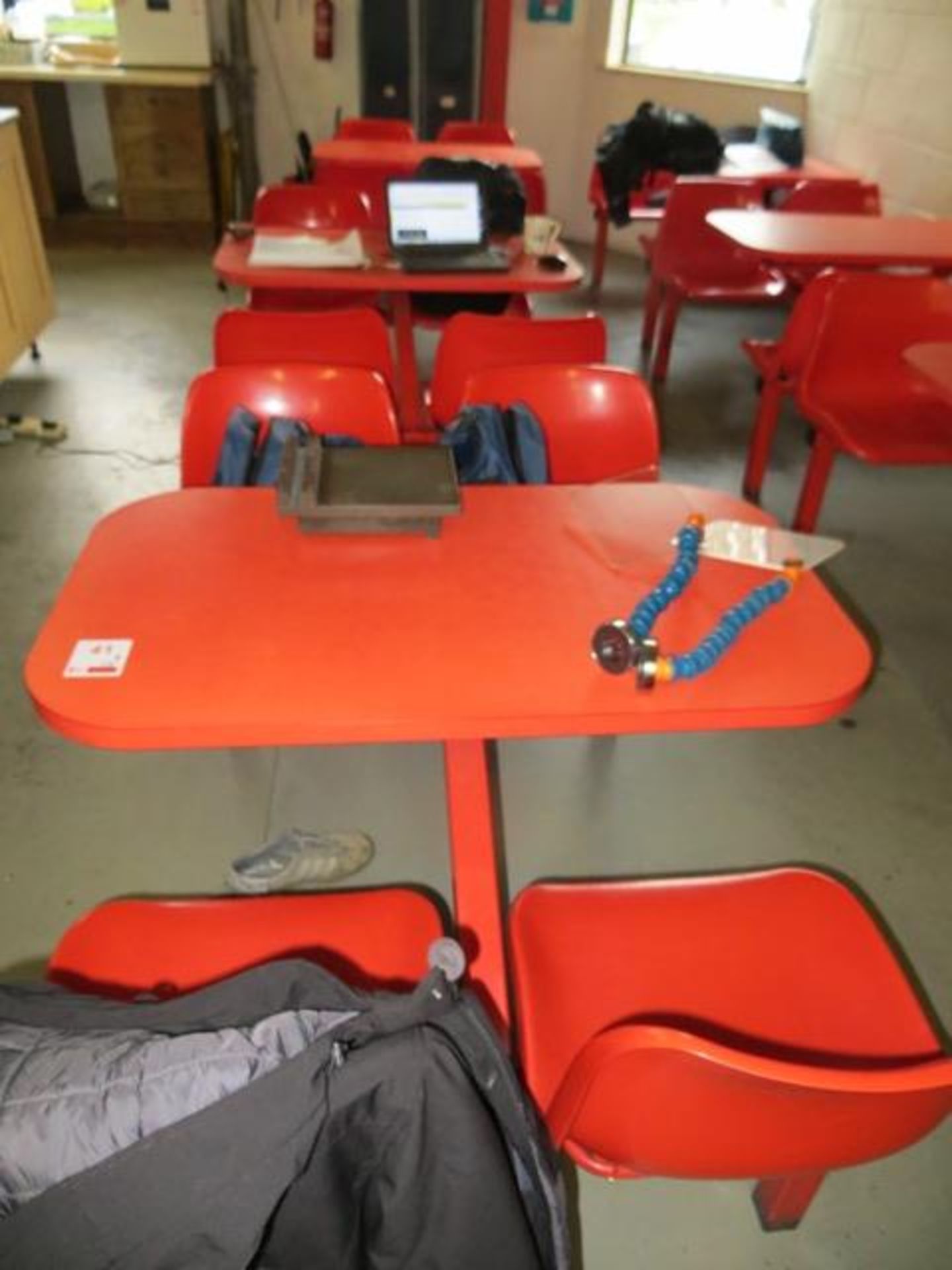 Three 4 seat red canteen table and chairs - Image 2 of 2