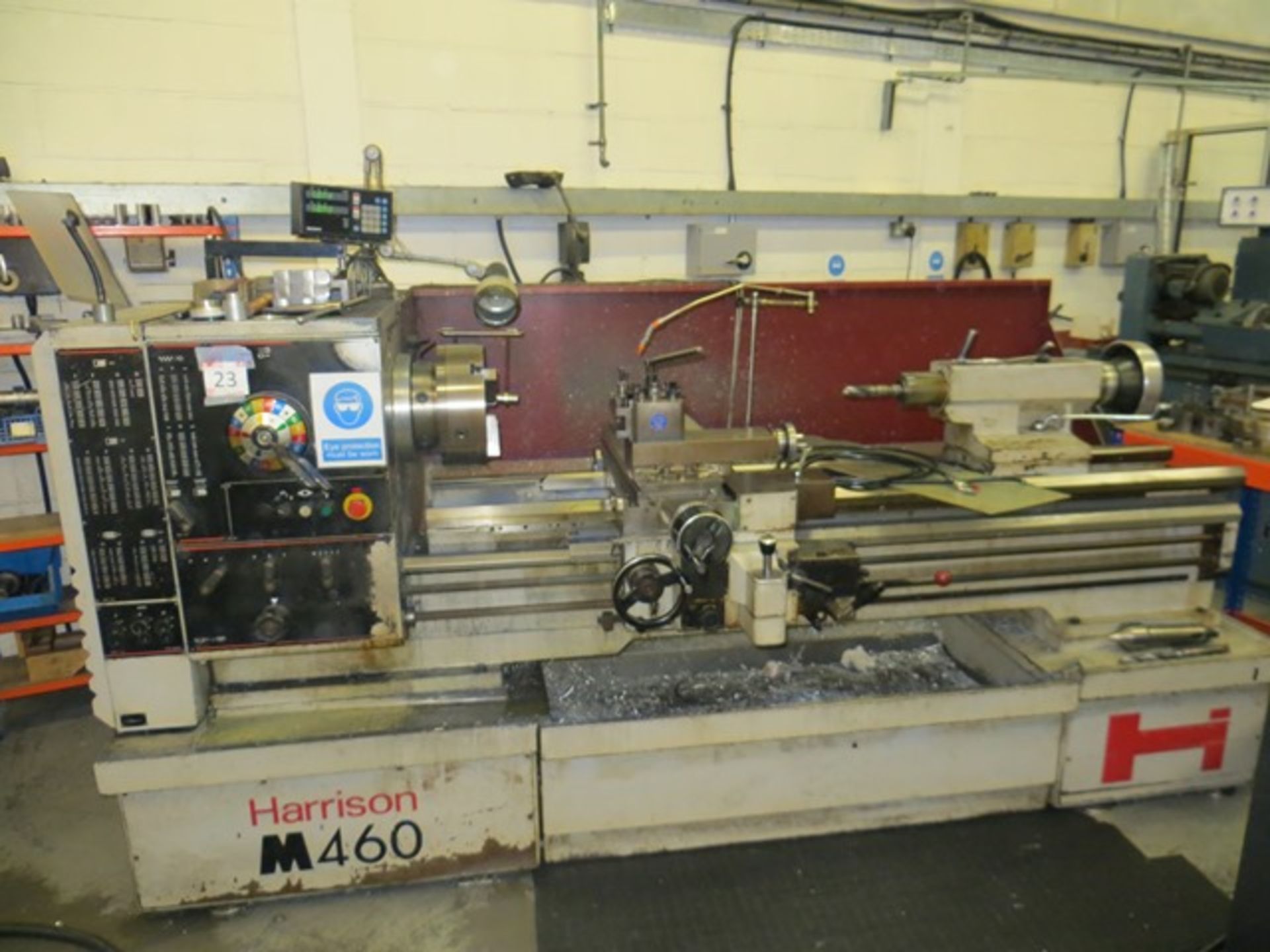 Harrison M460 GH gap bed centre lathe Year: 1995 Serial no. 4M0012 c/w two shelving units