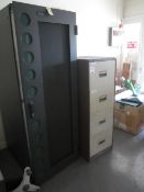 Fujitsu metal frame comms cabinet with mesh single door, metal 4 drawer filing cabinet, metal 2 door