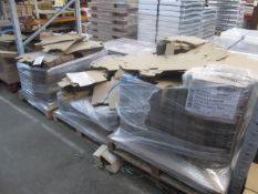 Contents of four pallets including die cut shelf locking flat pack cardboard boxes, 337 x 73 x 51mm,