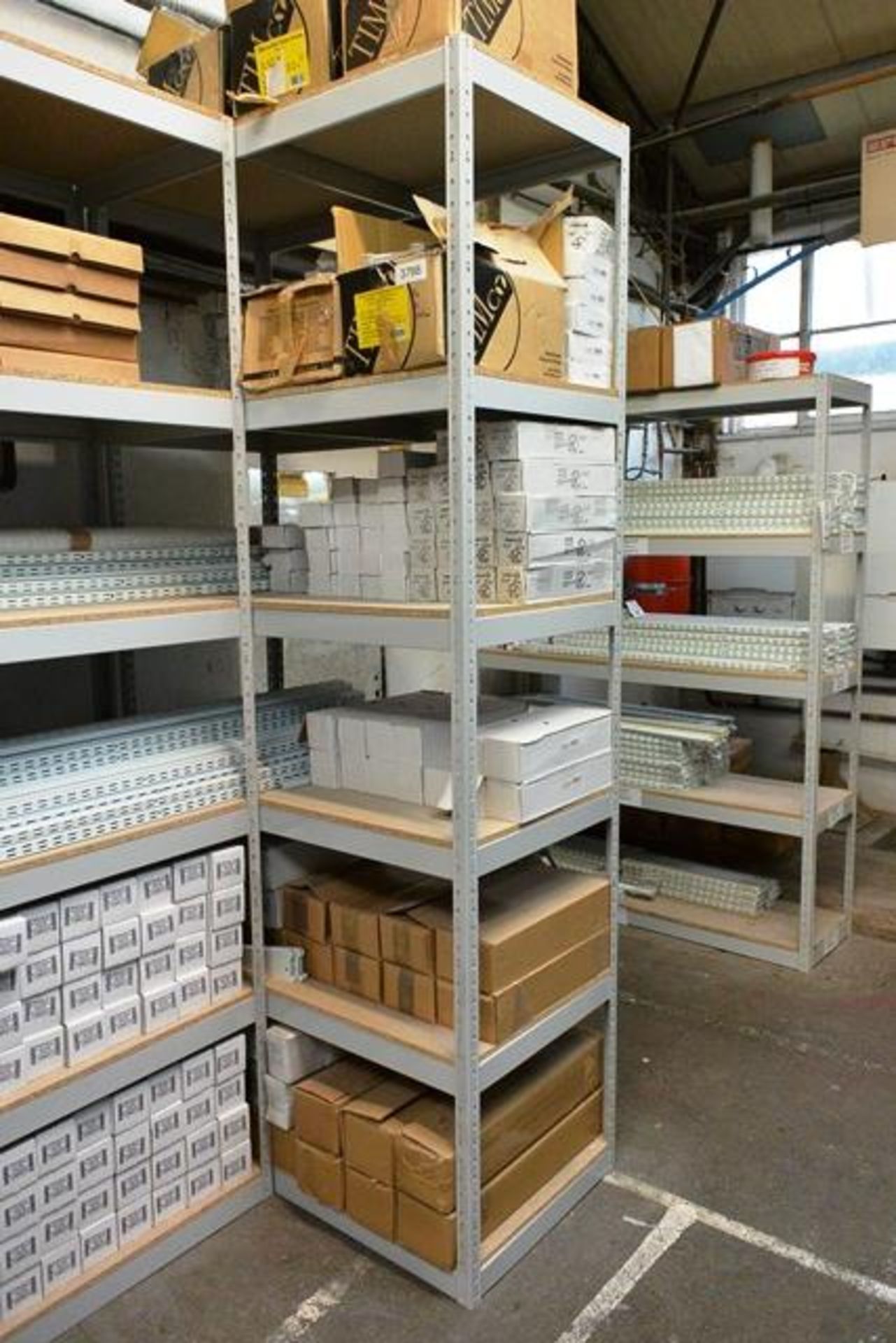 Three bays of adjustable boltless stores racking (5 & 6 shelf), approx 2.1 x 1.5m and 2.4 x 1.2m (