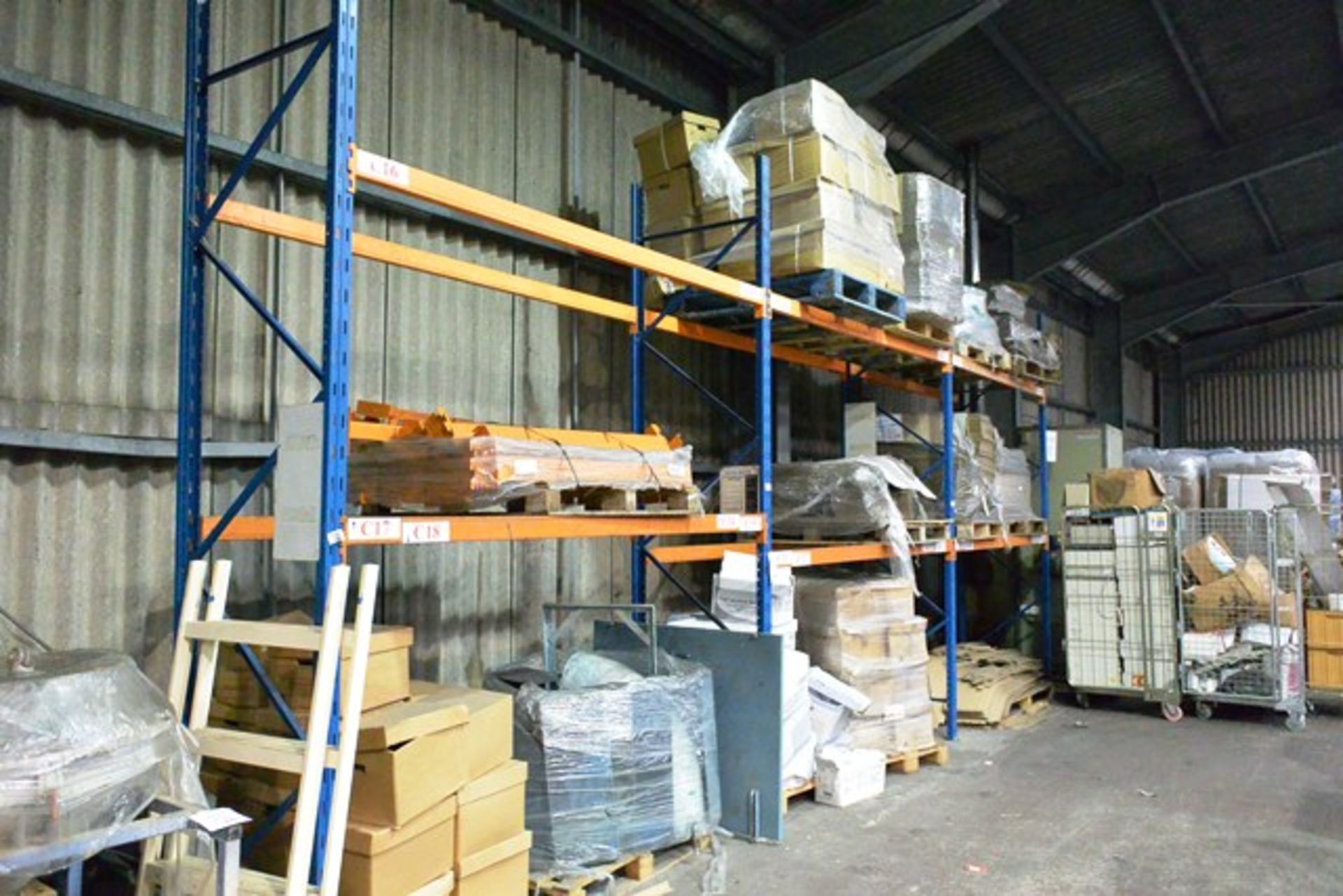 Three bays of adjustable boltless pallet racking, approx width per bay 2750mm (Excludes contents) (P