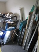 Loose contents of room including bay of boltless shelving, desk, metal 4 drawer filing cabinet,