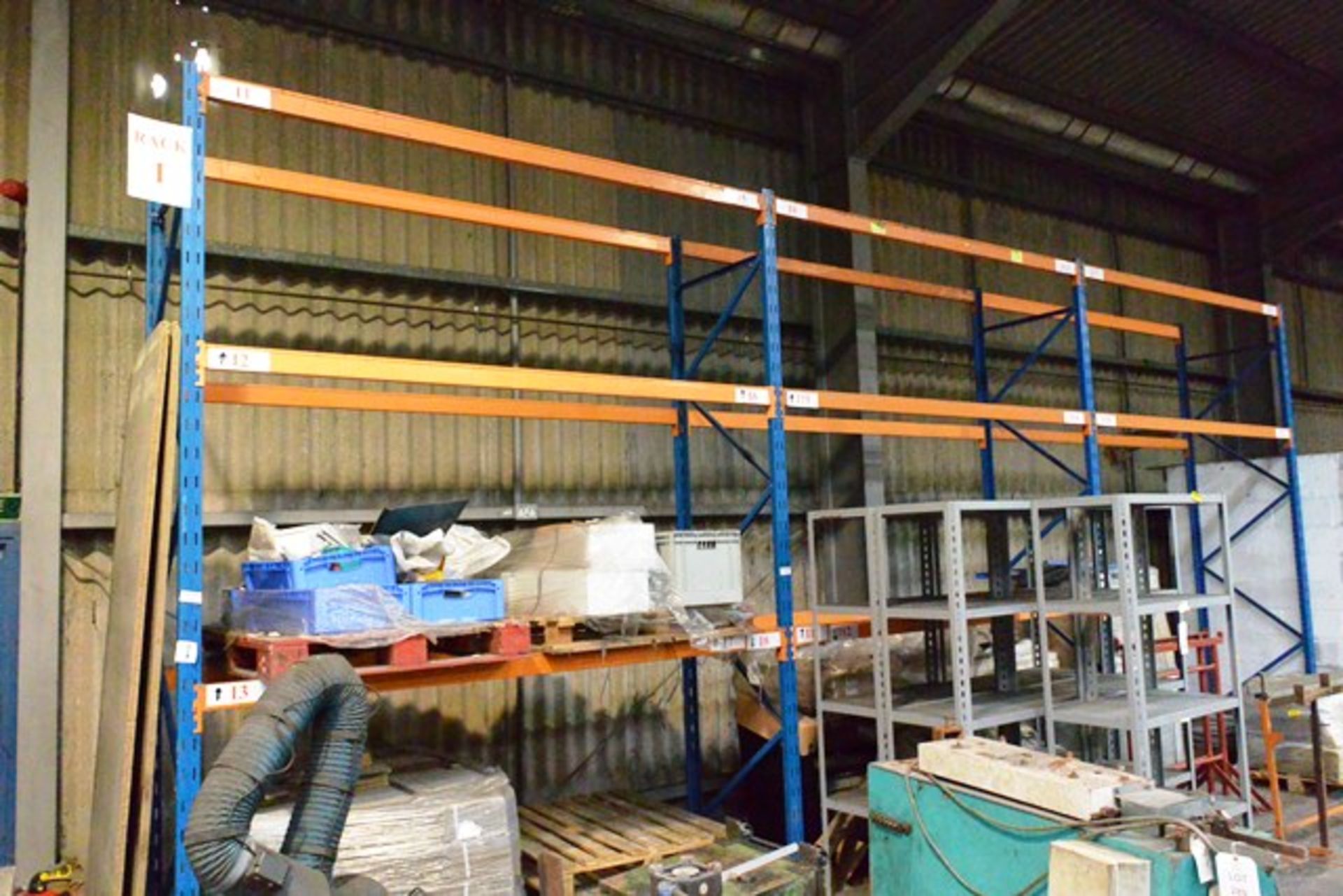 Three bays of adjustable boltless pallet racking, approx 2700mm width per bay, approx 4000mm