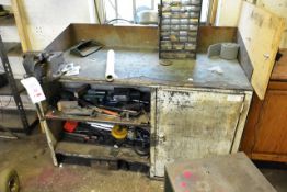 Steel frame workbench, with 5" bench mounted vice and contents