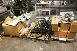 Contents of three pallets to incl. assorted Eland range brackets, chain block and cabling (spares/
