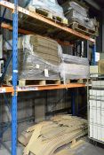 Six pallets (incomplete) of assorted cardboard packaging stock (located on racking) (Please note: