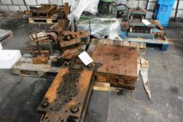 Contents of six pallets to incl. various steel jigs, clamps, etc. and hydraulic pack (sold as
