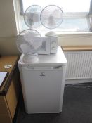 Indesit undercounter fridge, Daewoo microwave, 3 x desk fans, 2 x assorted electric heaters