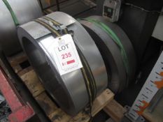 Two coils of mild steel stock, approx width 220 x 0.9mm and 184 x 1.2mm, weight circa 188kg and