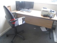 2 x wood effect desks, 3 x assorted upholstered chairs, 2 x metal 4 drawer filing cabinets