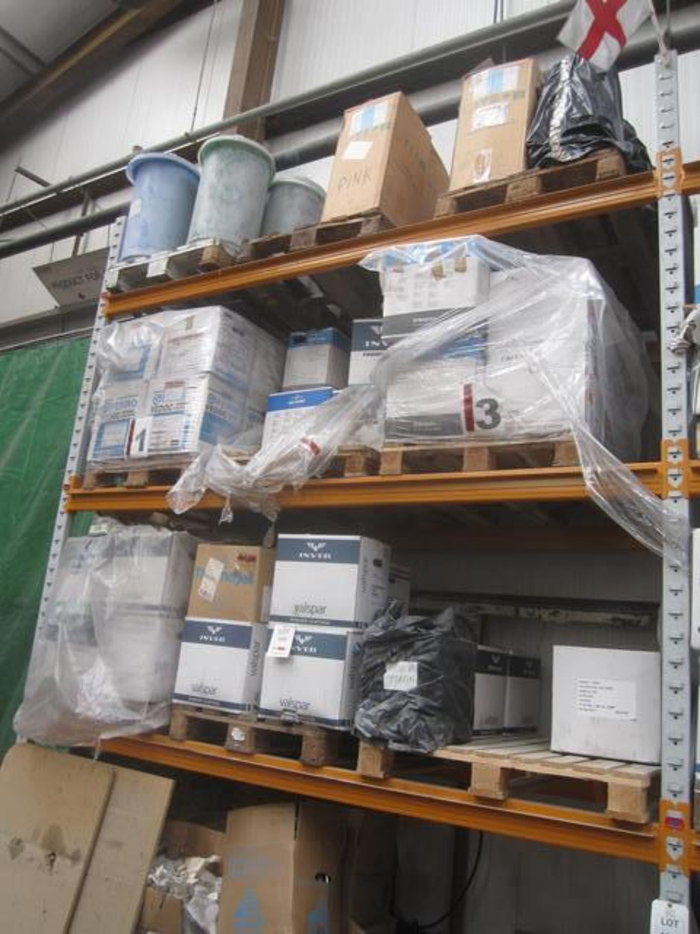 Assorted boxes of powder coating paint, located on 1 bay on 3 shelves (circa 50 boxes in total)