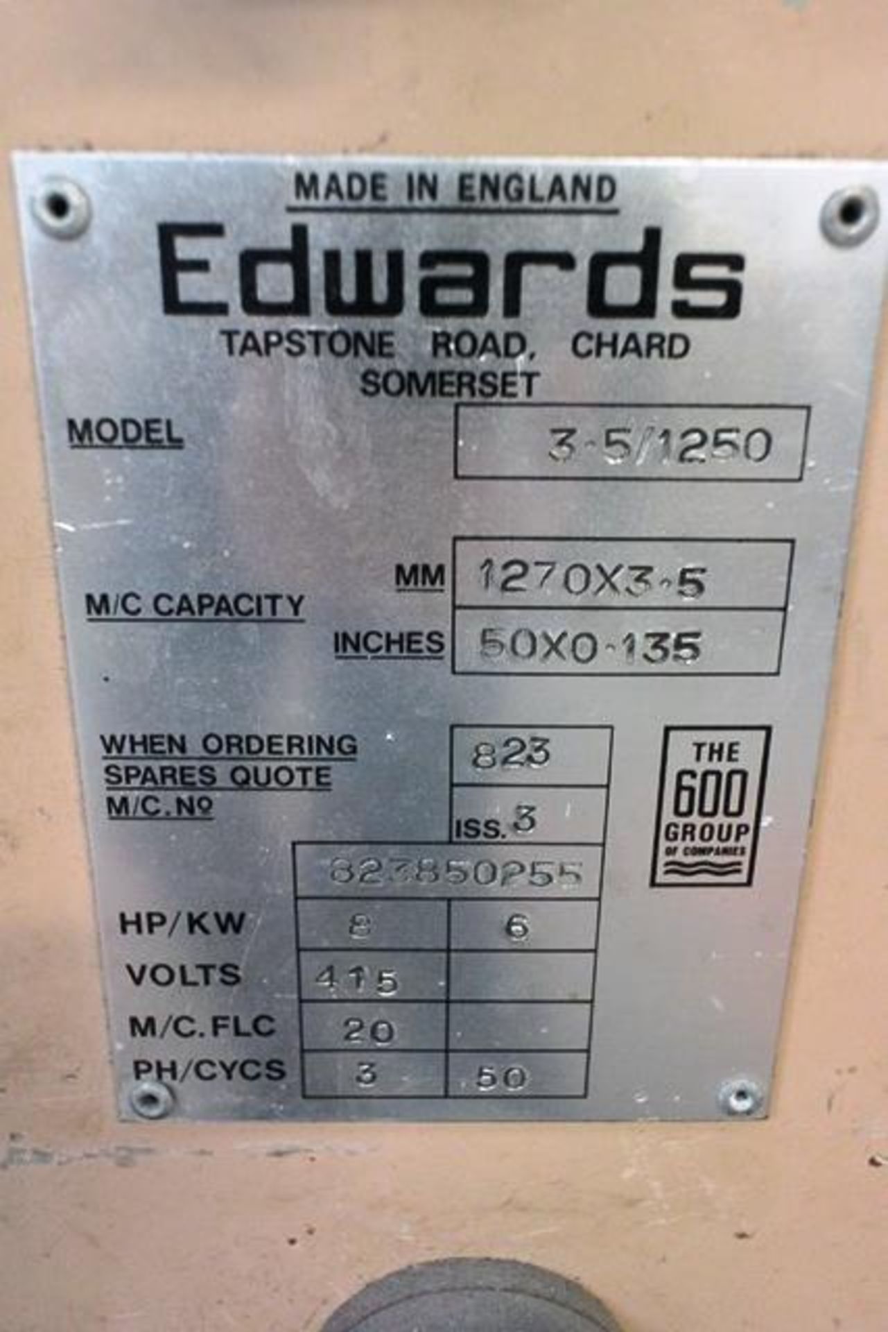 Edwards 1250 x 3.5mm powered guillotine, model 3.5/1250, serial no: 823850255, power back gauge - Image 4 of 6