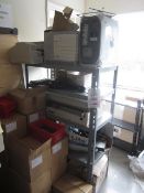 2 x bays of shelf units with contents including 2 x printers, computer tower, keyboards,