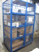 Twin door, mobile wire mesh cage and contents including packaging material