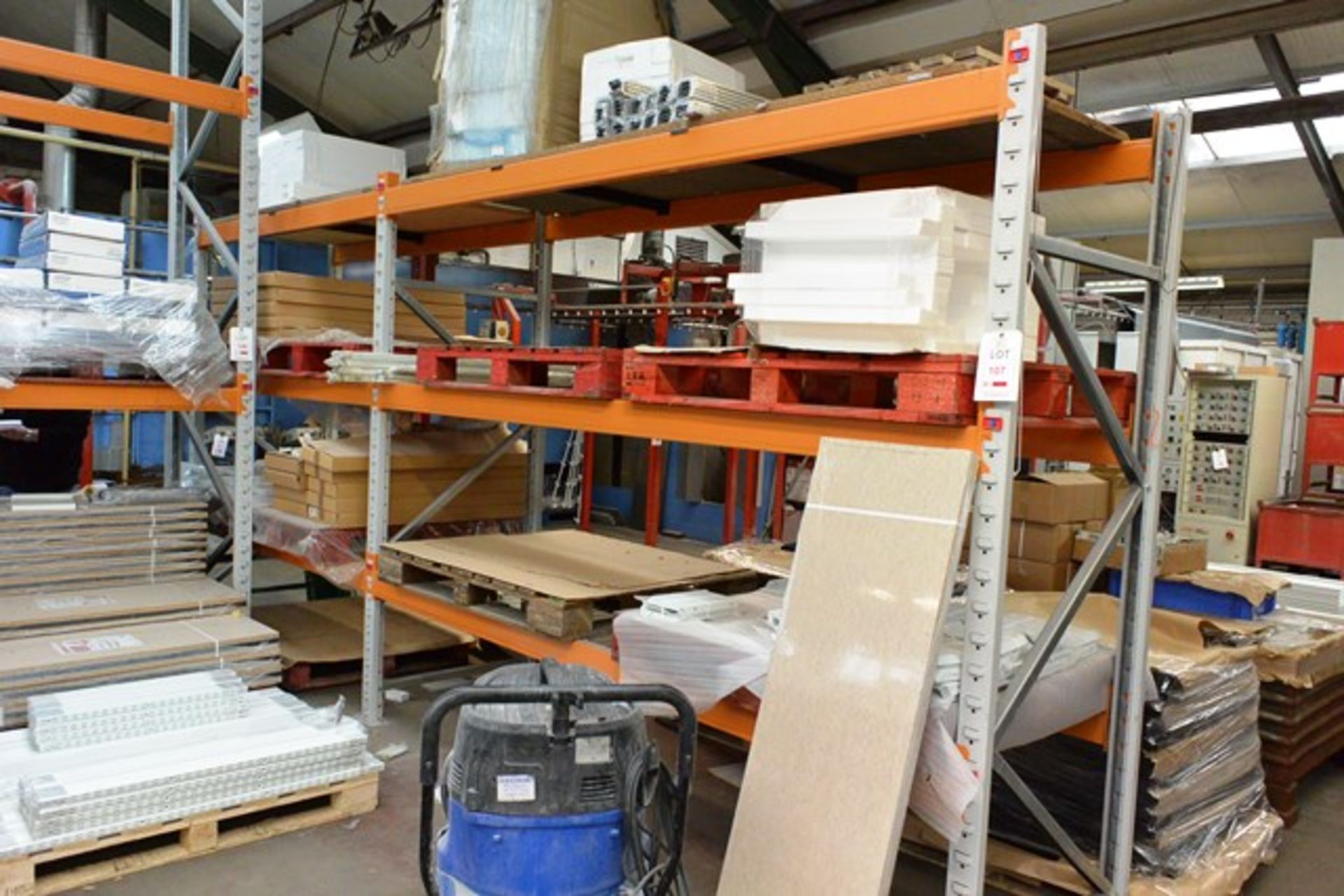 Two bays of adjustable boltless pallet racking, approx height 2.4m, approx 2 & 2.8m widths per