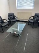 Glass coffee table c/w three leather effect chairs.