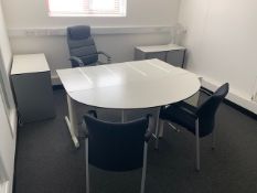 Contents of office to include a desk and semi circular meeting unit in white, a round meeting