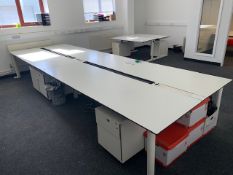 Contents of office to include 4 section desk module, 2 single desks, 8 3 draw pedestals in white and