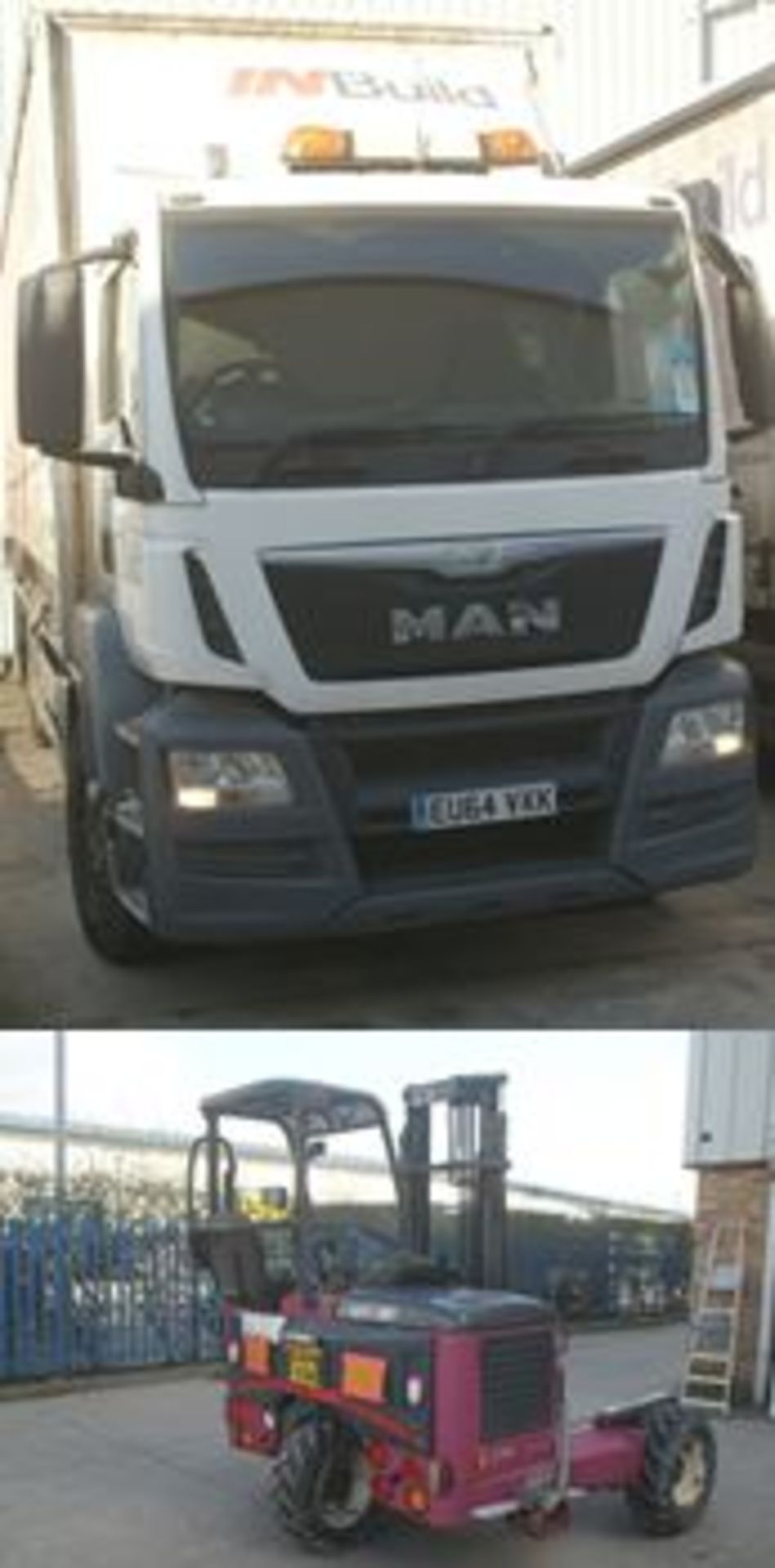 Man 3 axle rigid body curtain sided HGV TGS 26.320, 10518cc, c/w rear mounted Moffett attachment.