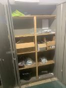 metal cabinet and contents to include safety hats, gloves, knee pads and water proof trousers as