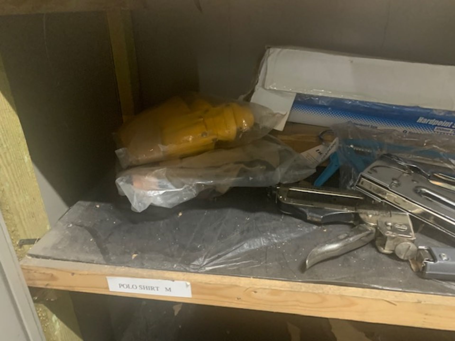 metal cabinet and contents to include face masks & filters, staple guns and staples, hammers, - Image 7 of 10