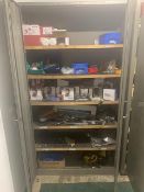 metal cabinet and contents to include face masks & filters, staple guns and staples, hammers,