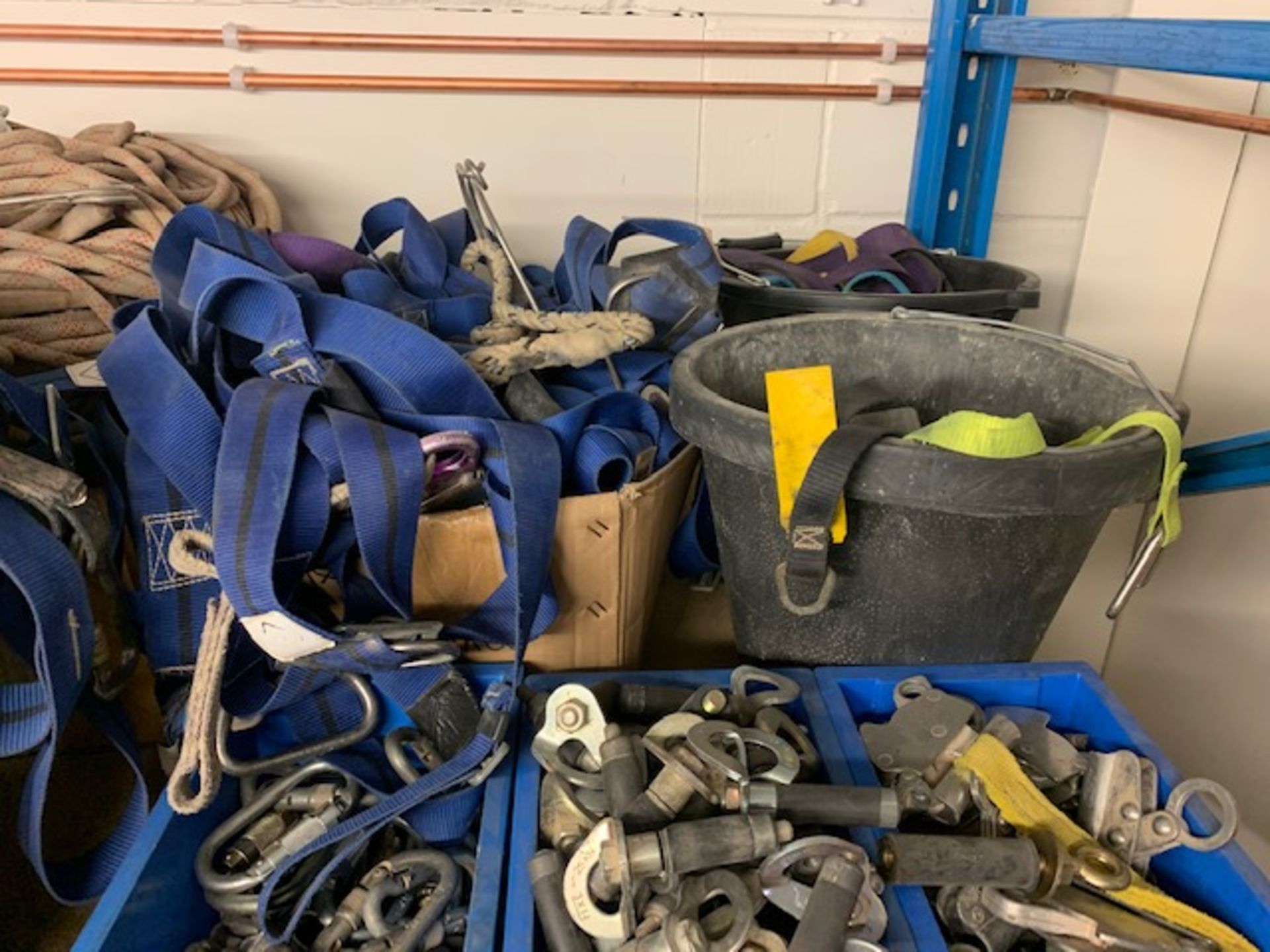 Various climbing ropes, harnesses and clips as lotted. NB: This lot has no record of Thorough - Image 2 of 3