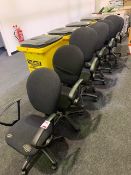 7 x black swivel and tilt office chairs in black cloth ( with damage)