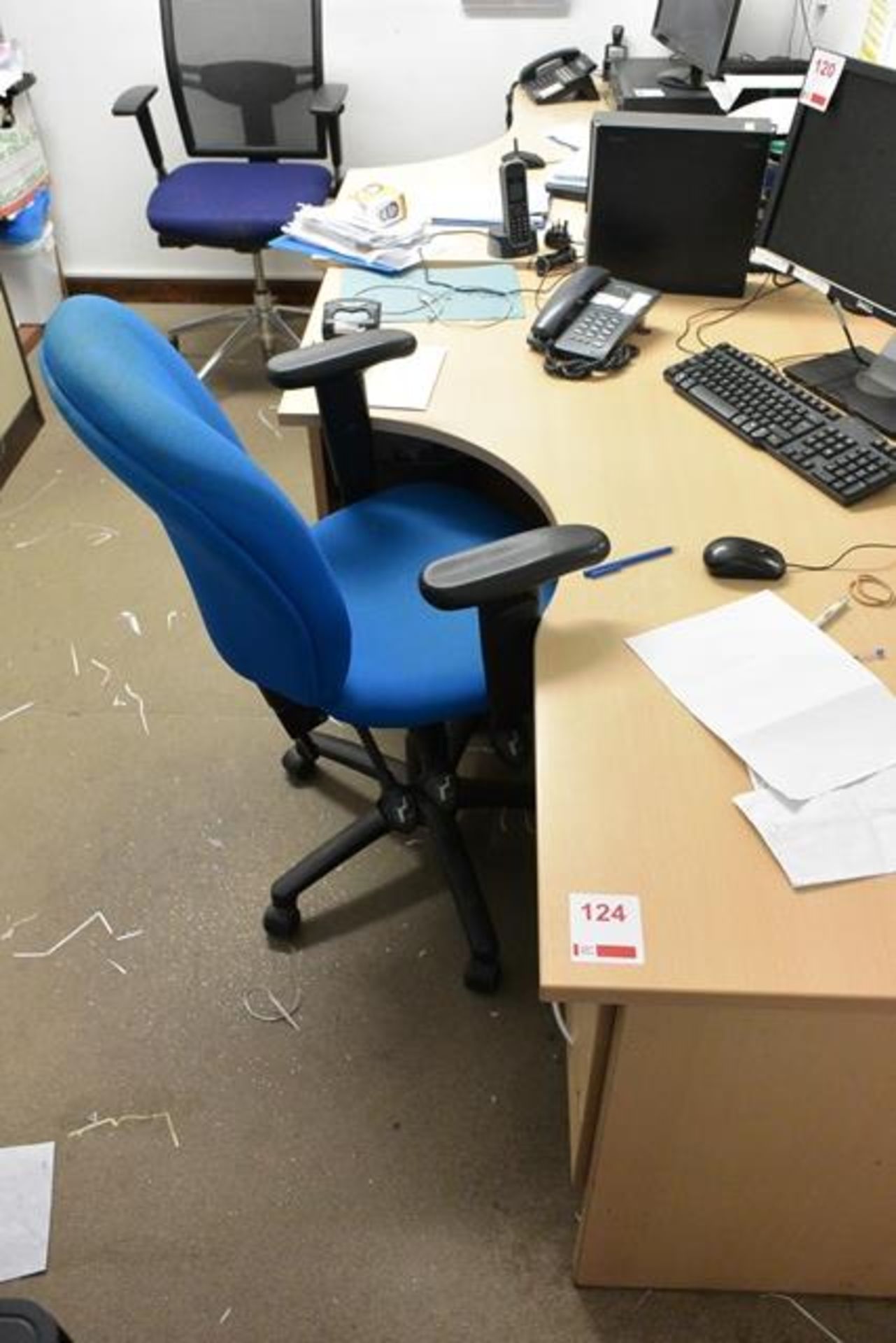 Three light oak effect desks, two office swivel chairs, 4-drawer filing cabinet and dark wood