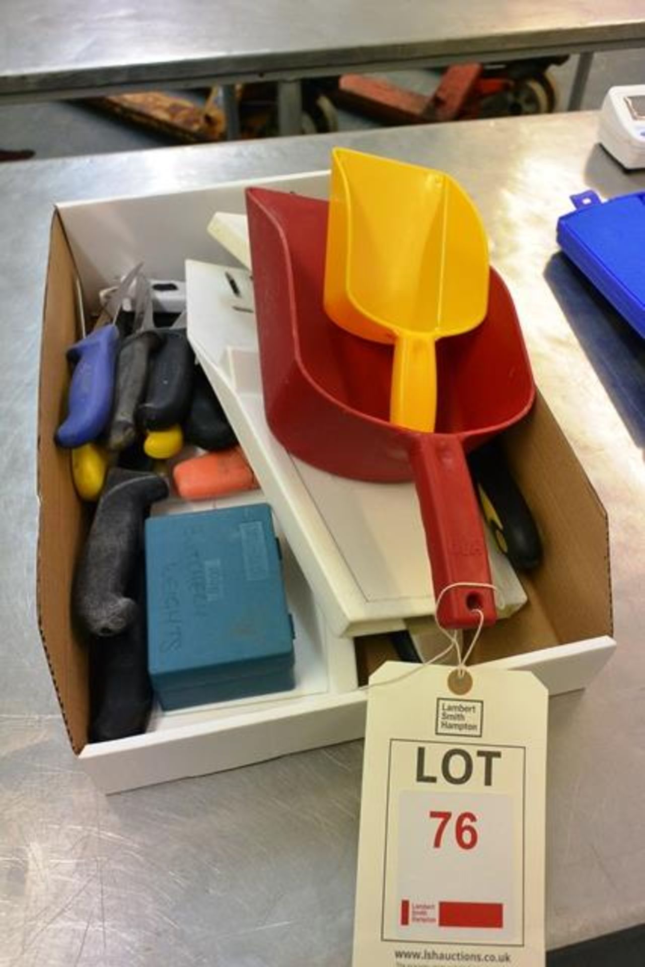Box and contents including butchery knives, scoops, etc. (ID will be requested upon collection)