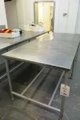 Stainless steel topped/steel frame table, approx 2150 x 900mm