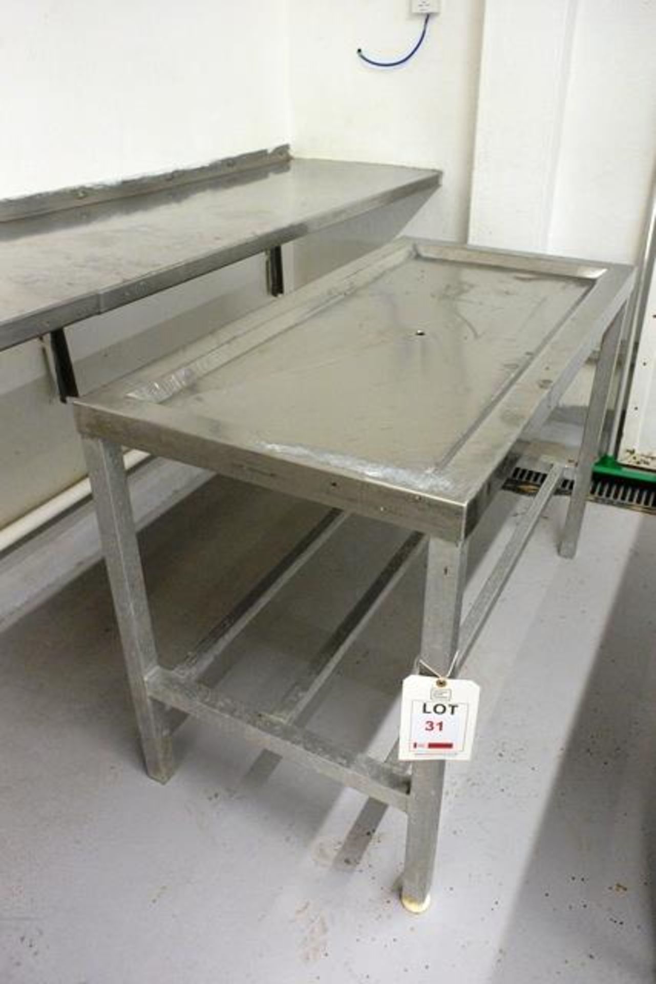 Stainless steel topped/steel frame draining table, approx 1200 x 6000mm