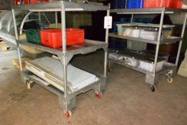 Two mobile steel 3 shelf trolleys (excludes contents)