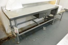 Stainless steel topped/steel frame table with single drawer, approx 2600 x 600mm
