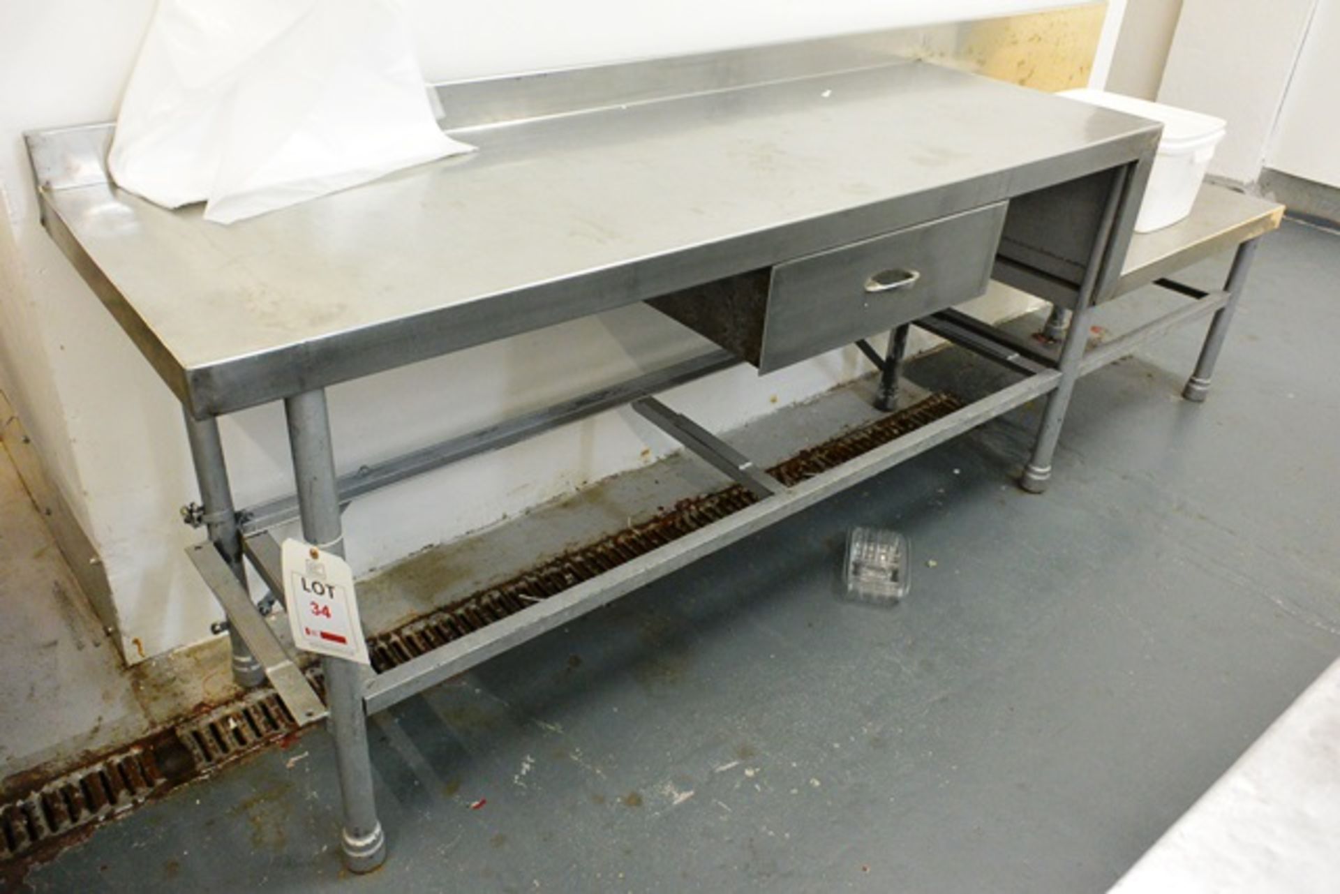 Stainless steel topped/steel frame table with single drawer, approx 2600 x 600mm