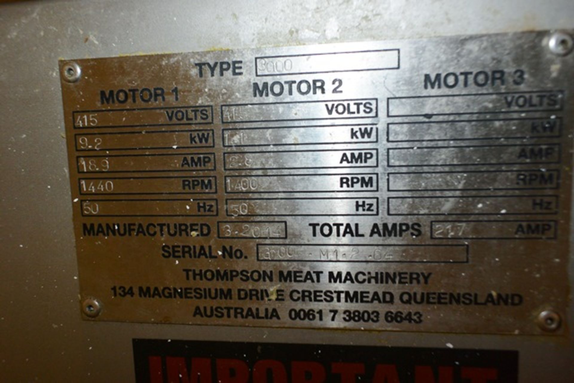 Thompson 3000 stainless steel meat grinder, serial no: 3000 M12.64 (2014), 3 phase, mounted on - Image 3 of 5