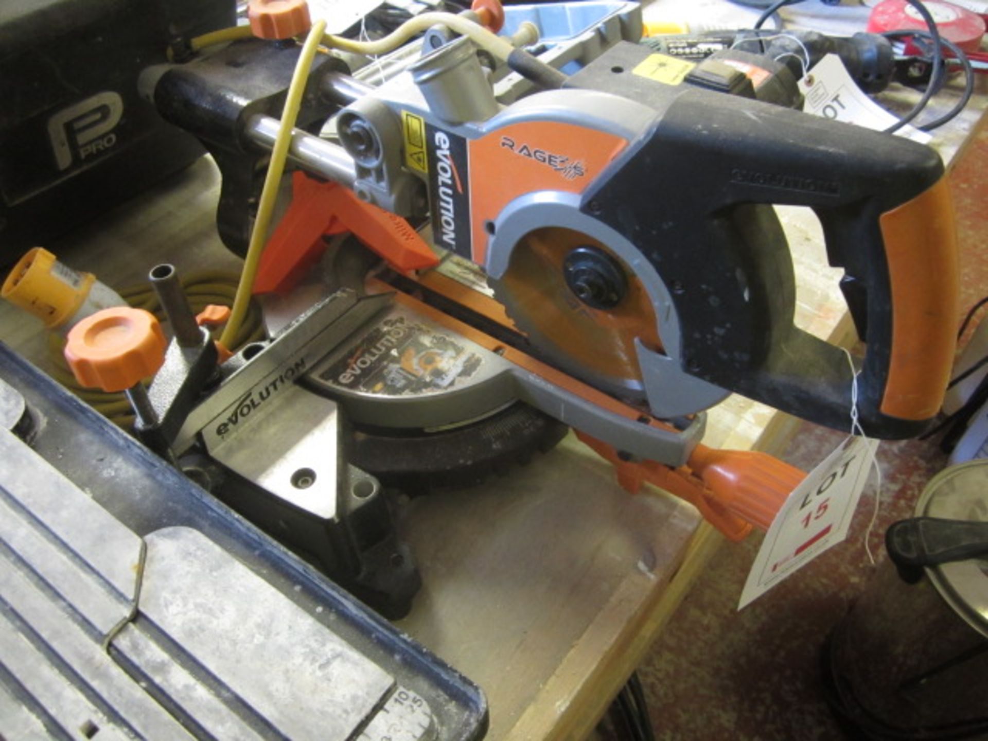 Evolution Rage 3-5 mitre saw with laser guidance, 1500w, s/n: R3S-C1611uk0010, 110v. Located: AC